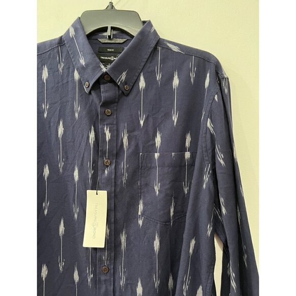 NWT Treasure & Bond Size L Navy White IKAT Print Long Sleeve Button-Up Shirt - Picture 10 of 10